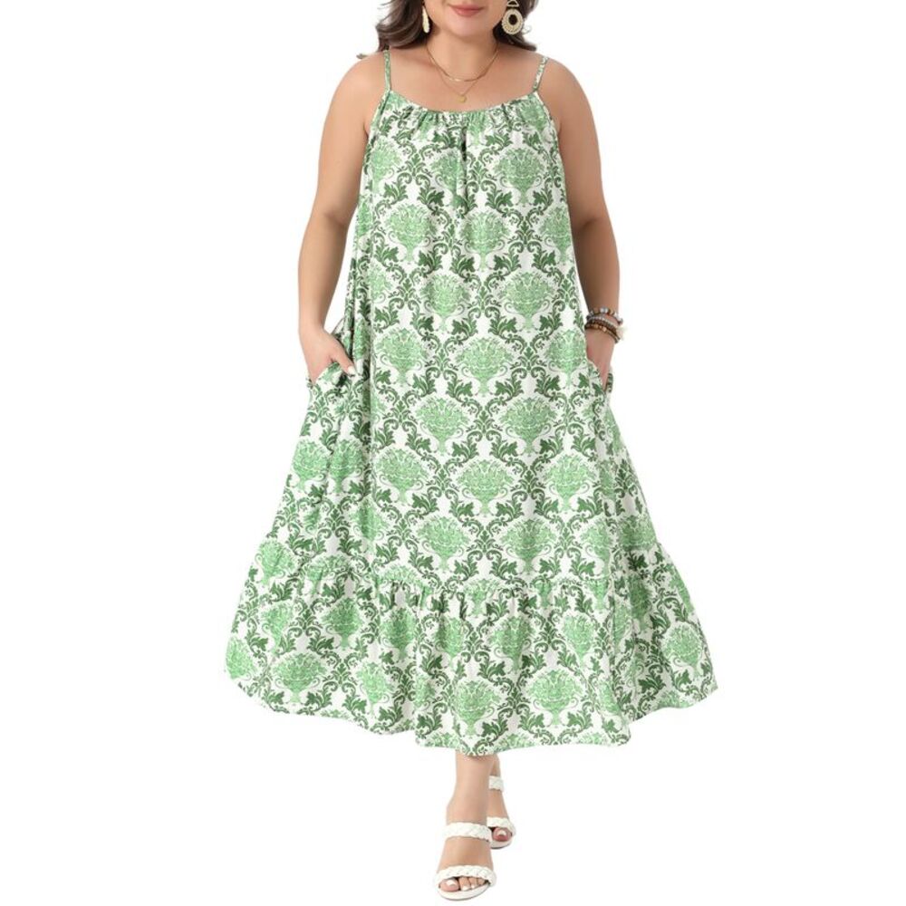 Women Plus Size Summer Spaghetti Strap Boho Floral Midi Dress Green